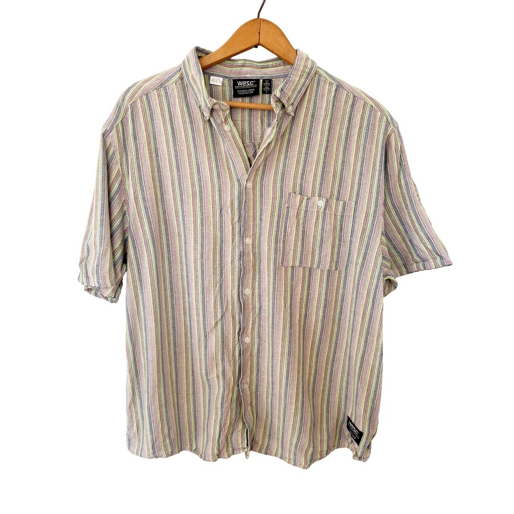 WeSC Multicolor  Mini Vertical‎ Stripe Sweden Oden Tarn Dye Short Sleeve Shirt